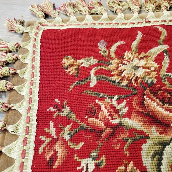 Vtg Wool Floral Needlepoint Hand Embroidery Pillow Case Sham Tassel Trim 17 x 15 - Picture 4 of 6
